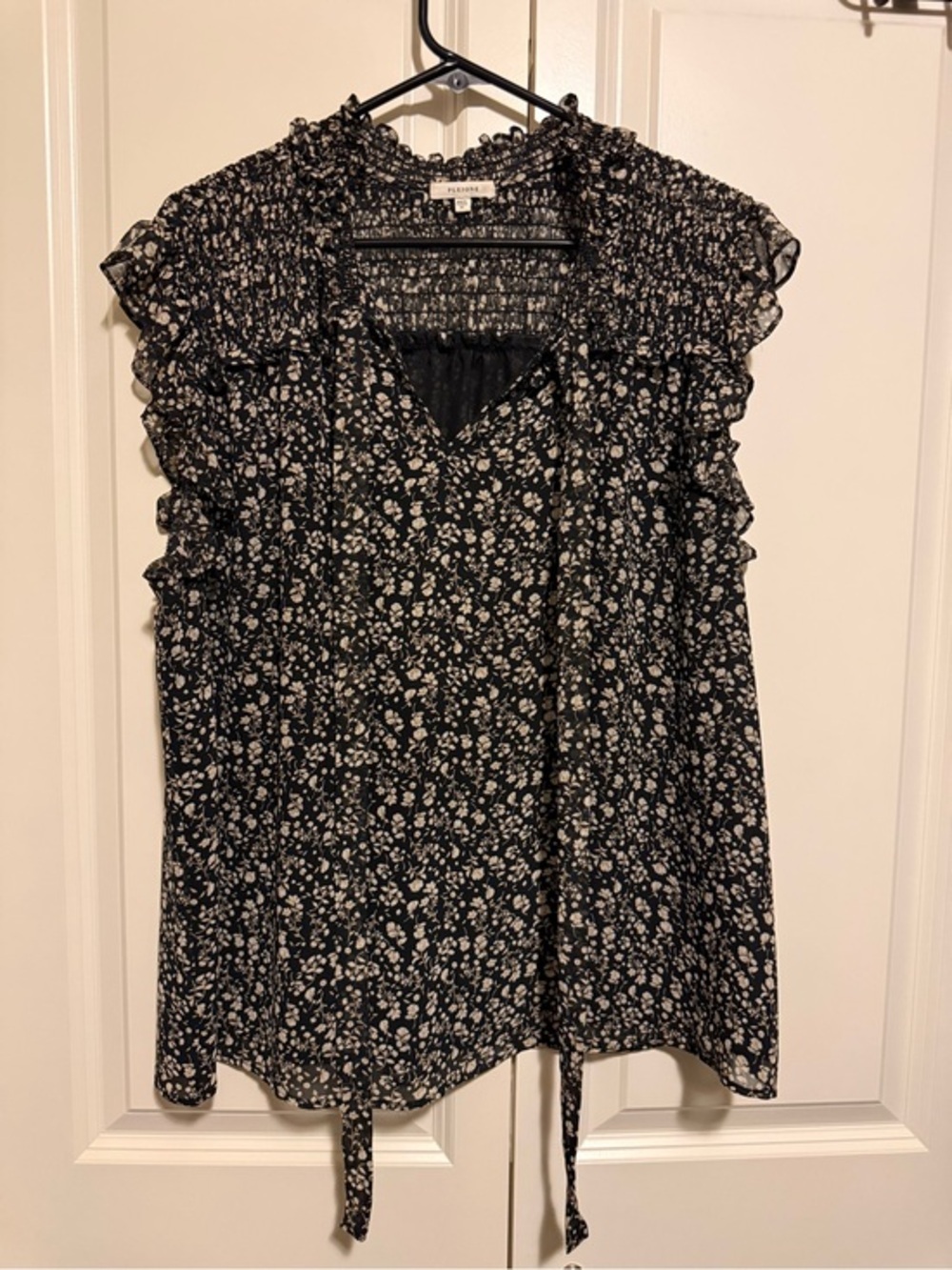 Pleione Black Floral Ruffle Tie-Neck Blouse